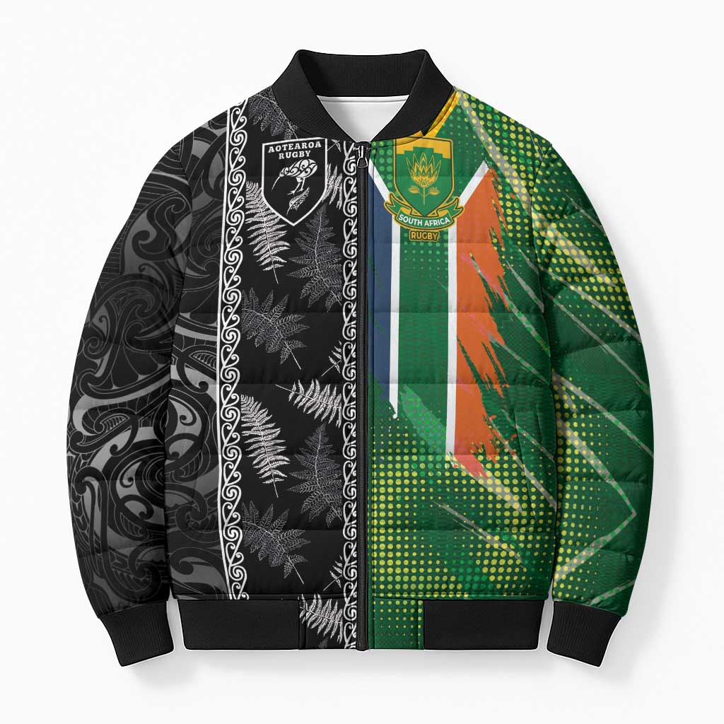 Custom Aotearoa South Africa Rugby Freedom Cup Bomber Puffer Jacket Maori Silver Fern Art and Sporty Flag SA - Polynesian Pride