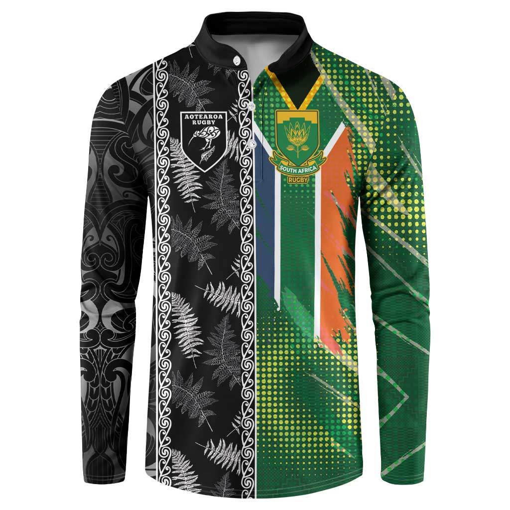 Custom Aotearoa South Africa Rugby Freedom Cup Button Sweatshirt Maori Silver Fern Art and Sporty Flag SA - Polynesian Pride