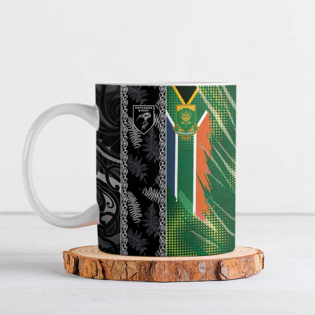 Custom Aotearoa South Africa Rugby Freedom Cup Ceramic Mug Maori Silver Fern Art and Sporty Flag SA - Polynesian Pride