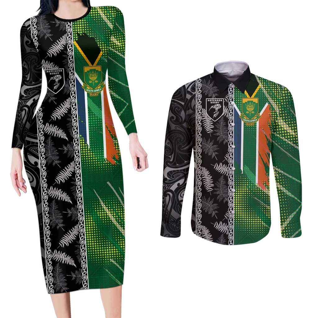 Custom Aotearoa South Africa Rugby Freedom Cup Couples Matching Long Sleeve Bodycon Dress and Long Sleeve Button Shirt Maori Silver Fern Art and Sporty Flag SA - Polynesian Pride
