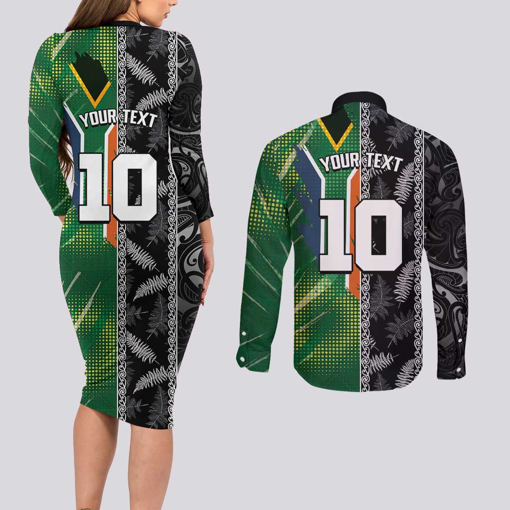 Custom Aotearoa South Africa Rugby Freedom Cup Couples Matching Long Sleeve Bodycon Dress and Long Sleeve Button Shirt Maori Silver Fern Art and Sporty Flag SA - Polynesian Pride