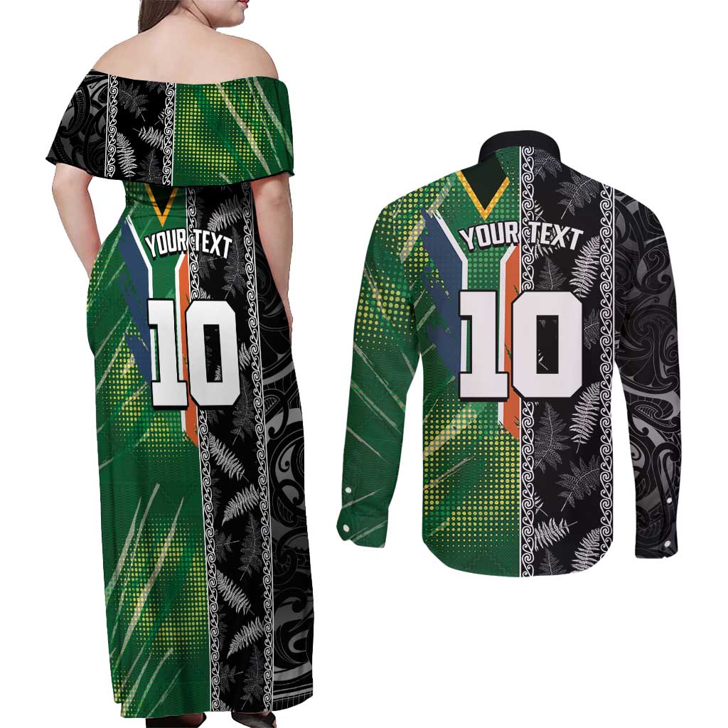 Custom Aotearoa South Africa Rugby Freedom Cup Couples Matching Off Shoulder Maxi Dress and Long Sleeve Button Shirt Maori Silver Fern Art and Sporty Flag SA - Polynesian Pride