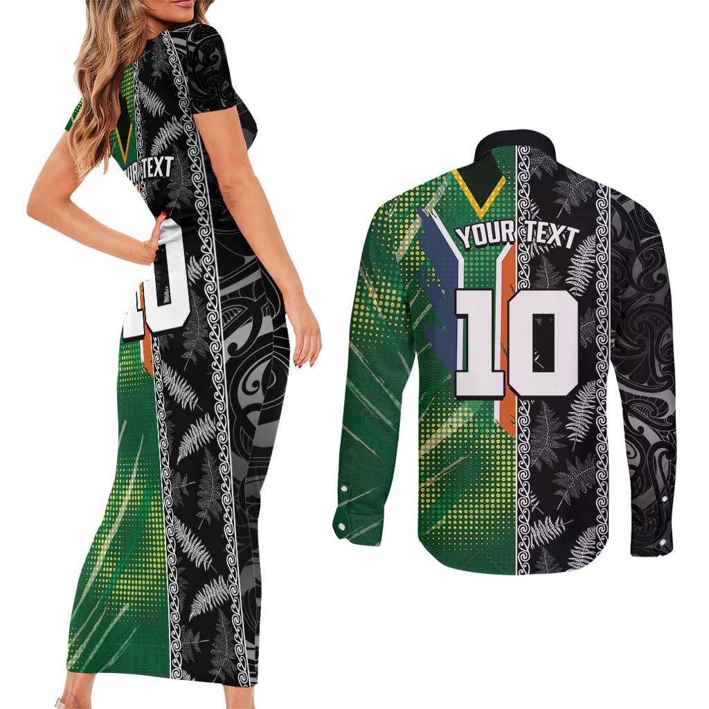 Custom Aotearoa South Africa Rugby Freedom Cup Couples Matching Short Sleeve Bodycon Dress and Long Sleeve Button Shirt Maori Silver Fern Art and Sporty Flag SA - Polynesian Pride