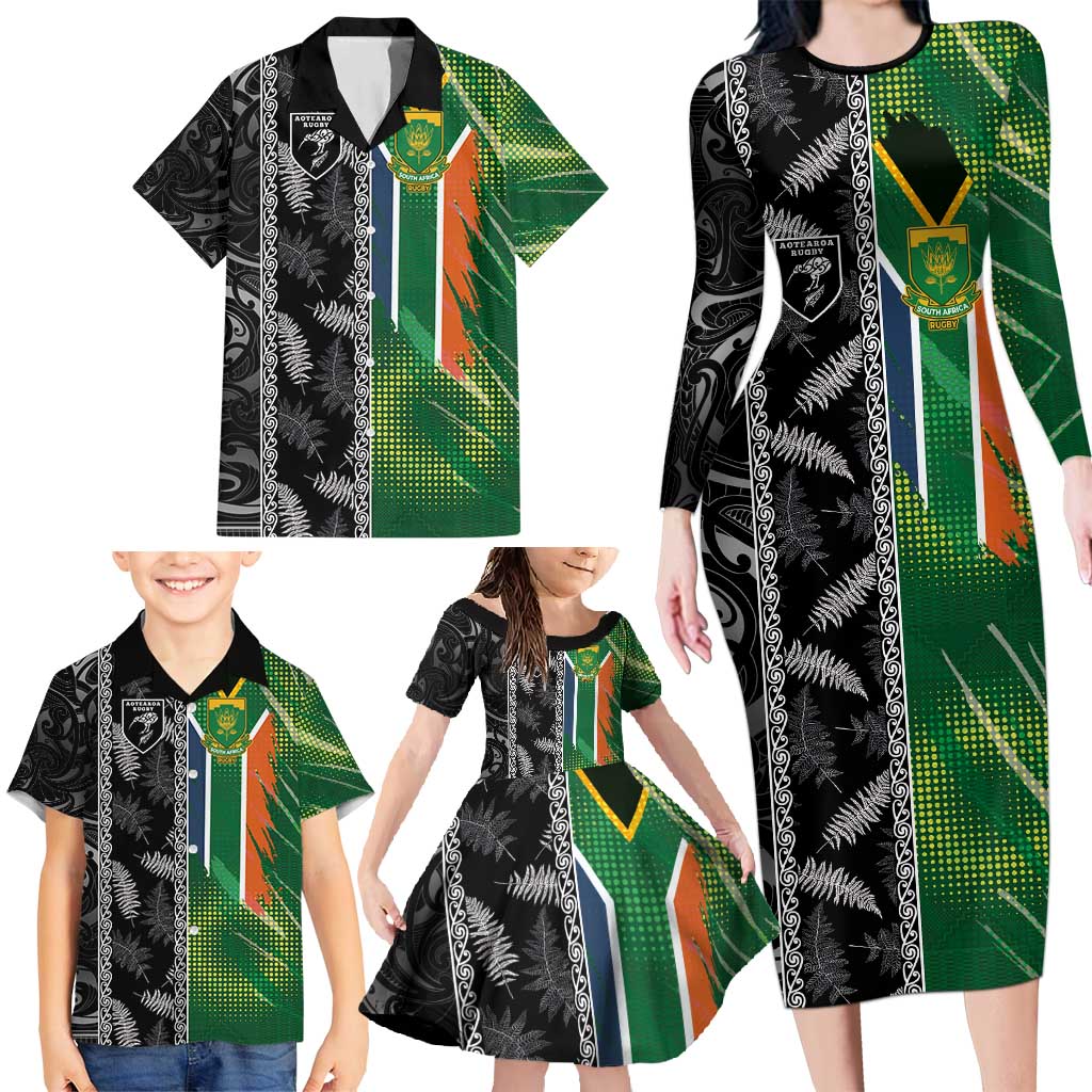 Custom Aotearoa South Africa Rugby Freedom Cup Family Matching Long Sleeve Bodycon Dress and Hawaiian Shirt Maori Silver Fern Art and Sporty Flag SA - Polynesian Pride