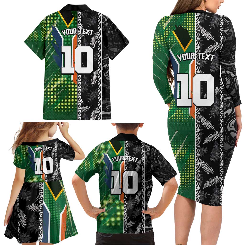 Custom Aotearoa South Africa Rugby Freedom Cup Family Matching Long Sleeve Bodycon Dress and Hawaiian Shirt Maori Silver Fern Art and Sporty Flag SA - Polynesian Pride