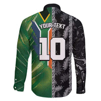 Custom Aotearoa South Africa Rugby Freedom Cup Family Matching Long Sleeve Bodycon Dress and Hawaiian Shirt Maori Silver Fern Art and Sporty Flag SA - Polynesian Pride