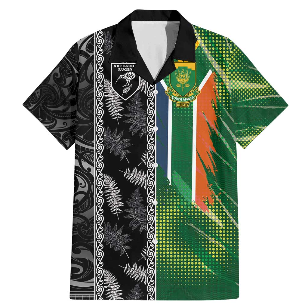 Custom Aotearoa South Africa Rugby Freedom Cup Family Matching Mermaid Dress and Hawaiian Shirt Maori Silver Fern Art and Sporty Flag SA - Polynesian Pride