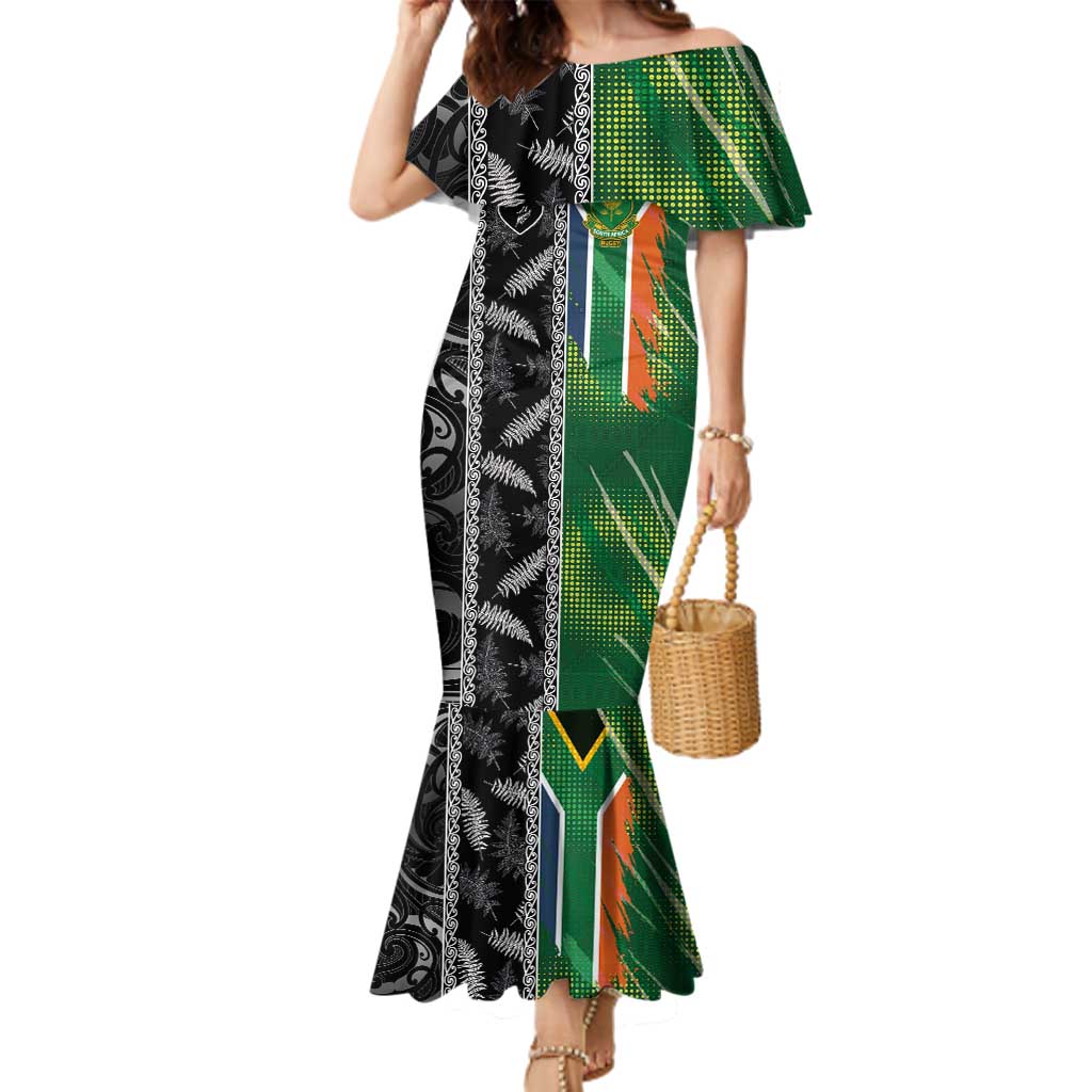 Custom Aotearoa South Africa Rugby Freedom Cup Family Matching Mermaid Dress and Hawaiian Shirt Maori Silver Fern Art and Sporty Flag SA - Polynesian Pride