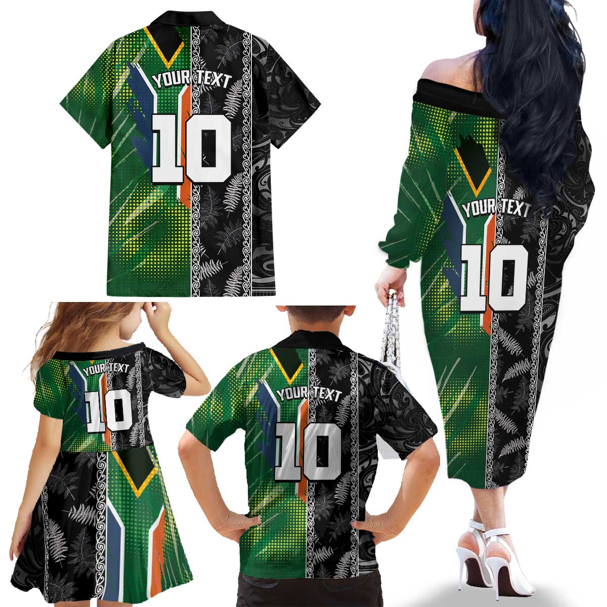 Custom Aotearoa South Africa Rugby Freedom Cup Family Matching Off The Shoulder Long Sleeve Dress and Hawaiian Shirt Maori Silver Fern Art and Sporty Flag SA - Polynesian Pride