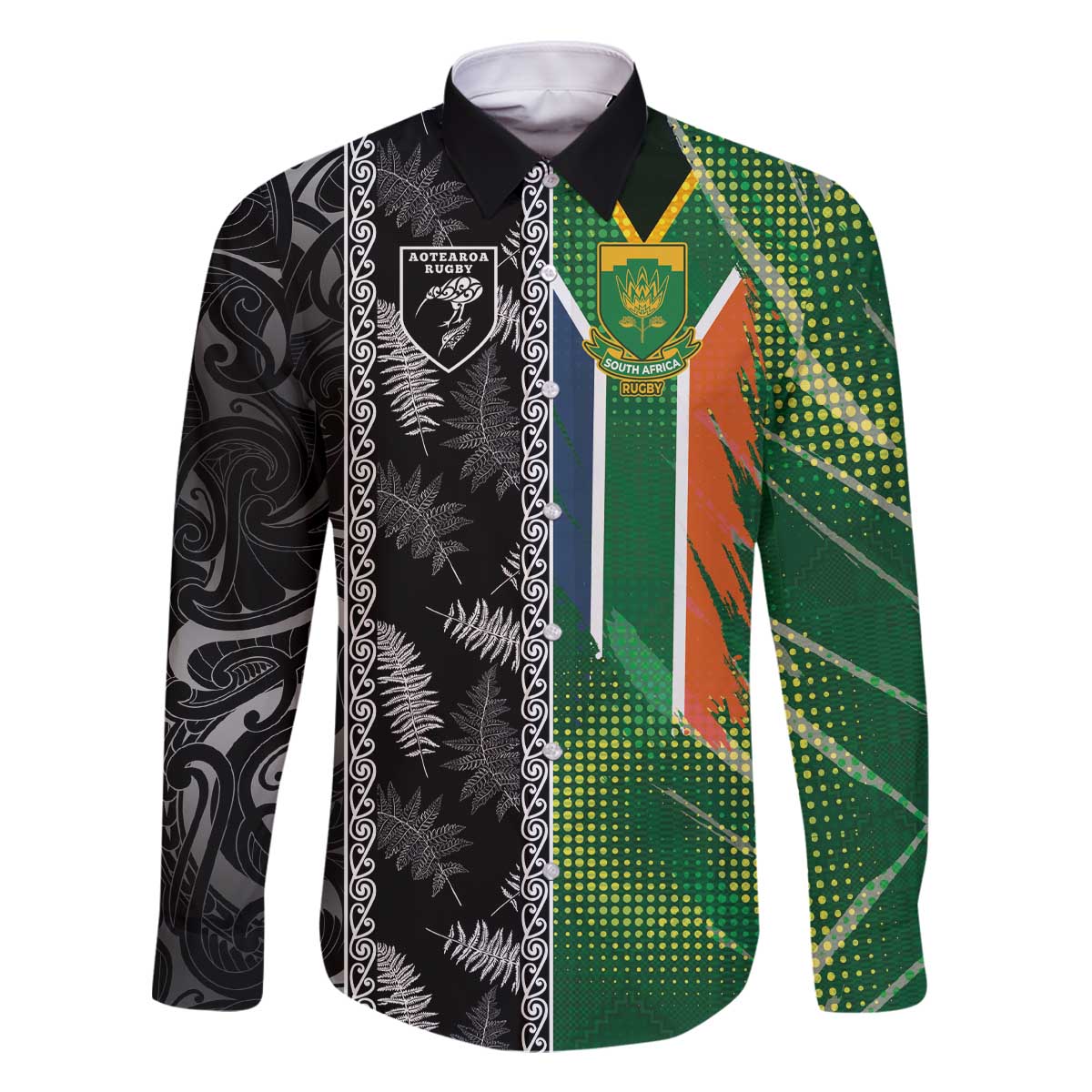 Custom Aotearoa South Africa Rugby Freedom Cup Family Matching Off The Shoulder Long Sleeve Dress and Hawaiian Shirt Maori Silver Fern Art and Sporty Flag SA - Polynesian Pride