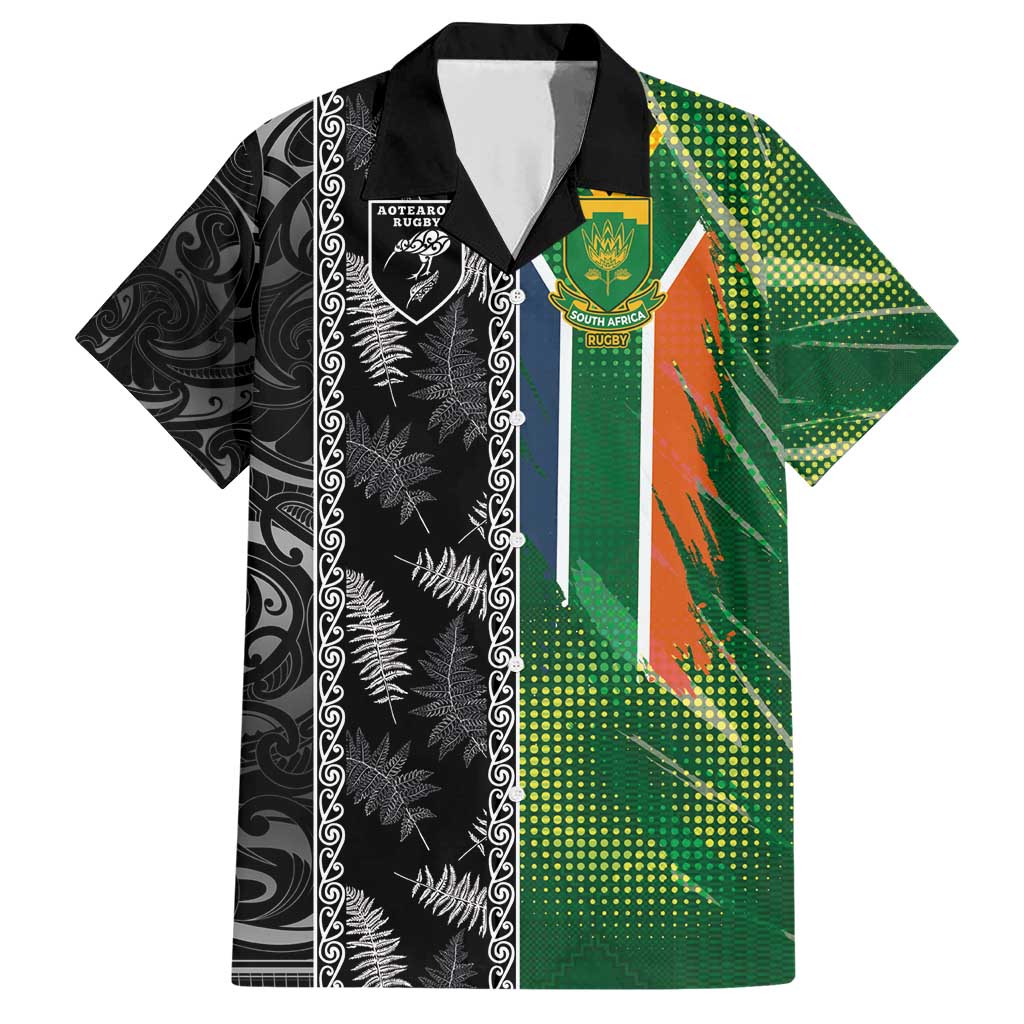 Custom Aotearoa South Africa Rugby Freedom Cup Family Matching Short Sleeve Bodycon Dress and Hawaiian Shirt Maori Silver Fern Art and Sporty Flag SA - Polynesian Pride