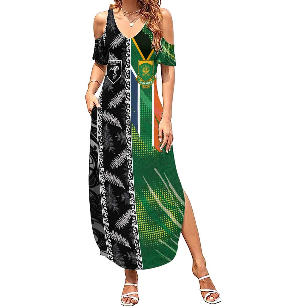 Custom Aotearoa South Africa Rugby Freedom Cup Family Matching Summer Maxi Dress and Hawaiian Shirt Maori Silver Fern Art and Sporty Flag SA - Polynesian Pride