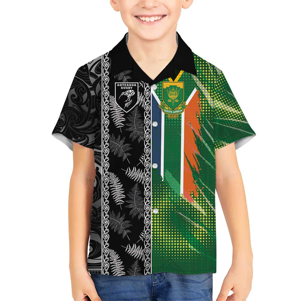 Custom Aotearoa South Africa Rugby Freedom Cup Family Matching Tank Maxi Dress and Hawaiian Shirt Maori Silver Fern Art and Sporty Flag SA - Polynesian Pride