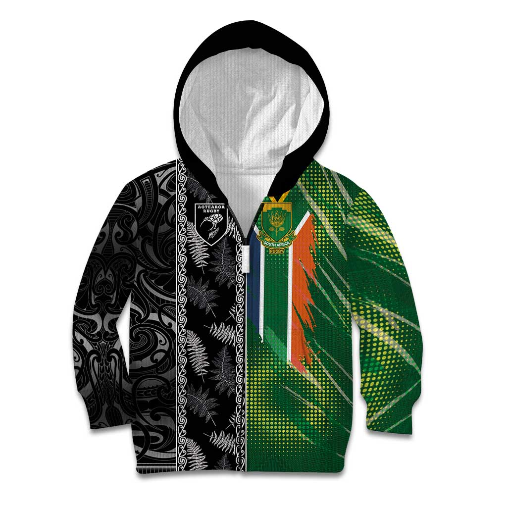 Custom Aotearoa South Africa Rugby Freedom Cup Kid Hoodie Maori Silver Fern Art and Sporty Flag SA - Polynesian Pride