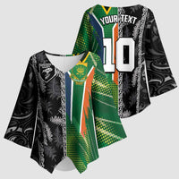 Custom Aotearoa South Africa Rugby Freedom Cup Kimono Sleeve Blouse Maori Silver Fern Art and Sporty Flag SA - Polynesian Pride