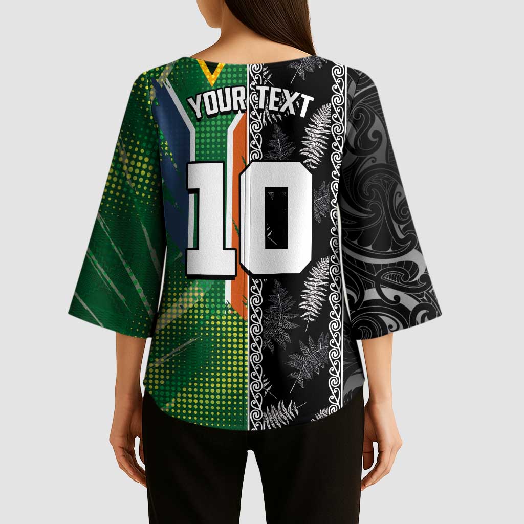 Custom Aotearoa South Africa Rugby Freedom Cup Kimono Sleeve Blouse Maori Silver Fern Art and Sporty Flag SA - Polynesian Pride