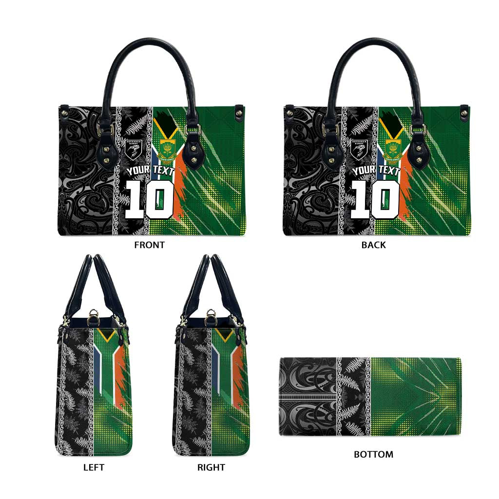 Custom Aotearoa South Africa Rugby Freedom Cup Leather Bag Maori Silver Fern Art and Sporty Flag SA - Polynesian Pride