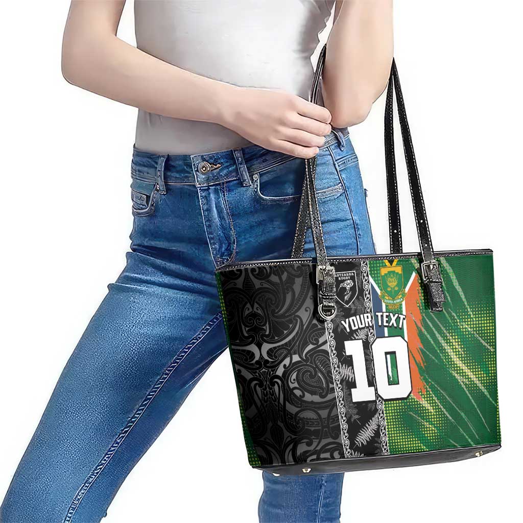 Custom Aotearoa South Africa Rugby Freedom Cup Leather Tote Bag Maori Silver Fern Art and Sporty Flag SA - Polynesian Pride