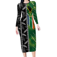Custom Aotearoa South Africa Rugby Freedom Cup Long Sleeve Bodycon Dress Maori Silver Fern Art and Sporty Flag SA - Polynesian Pride