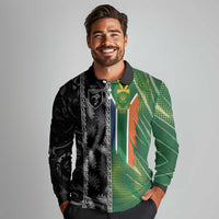 Custom Aotearoa South Africa Rugby Freedom Cup Long Sleeve Polo Shirt Maori Silver Fern Art and Sporty Flag SA - Polynesian Pride