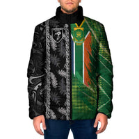 Custom Aotearoa South Africa Rugby Freedom Cup Padded Jacket Maori Silver Fern Art and Sporty Flag SA - Polynesian Pride