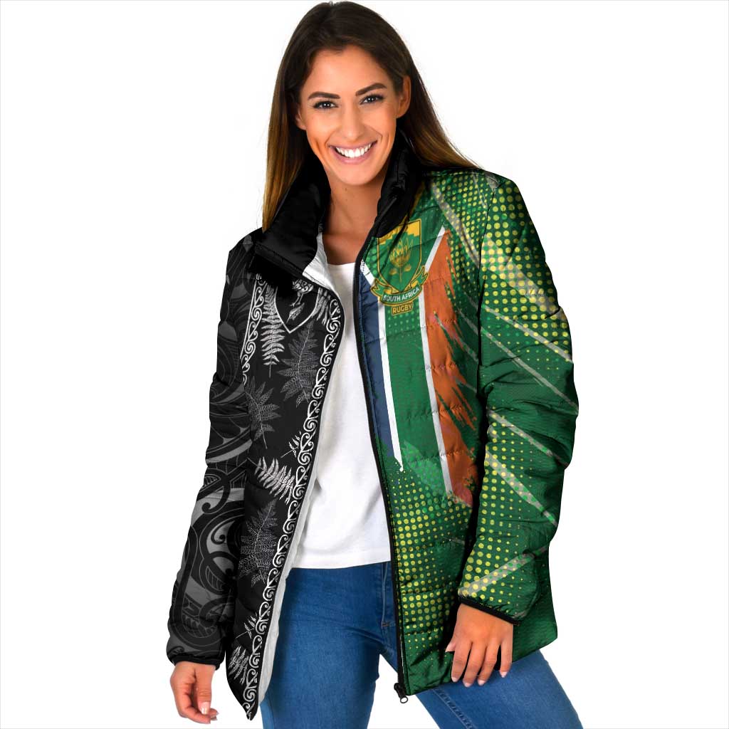 Custom Aotearoa South Africa Rugby Freedom Cup Padded Jacket Maori Silver Fern Art and Sporty Flag SA - Polynesian Pride