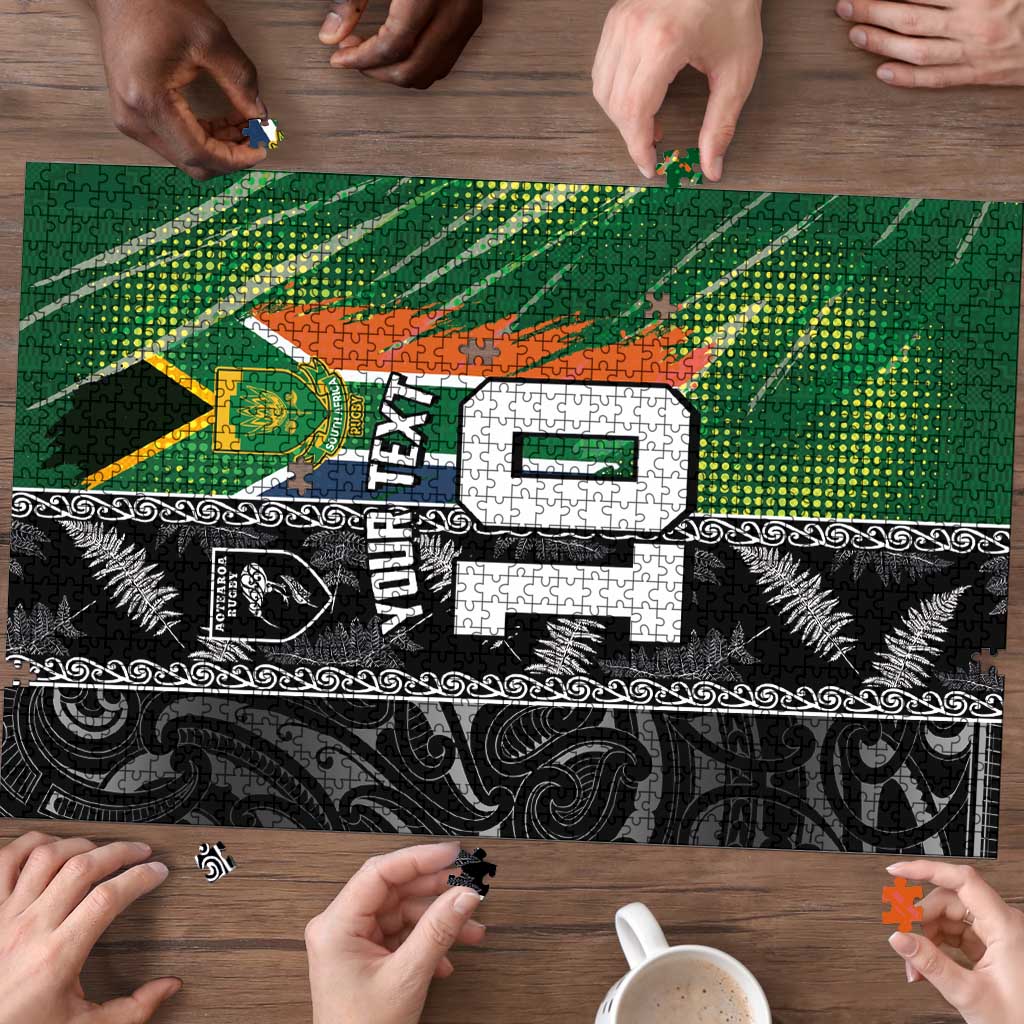 Custom Aotearoa South Africa Rugby Freedom Cup Puzzle Maori Silver Fern Art and Sporty Flag SA - Polynesian Pride