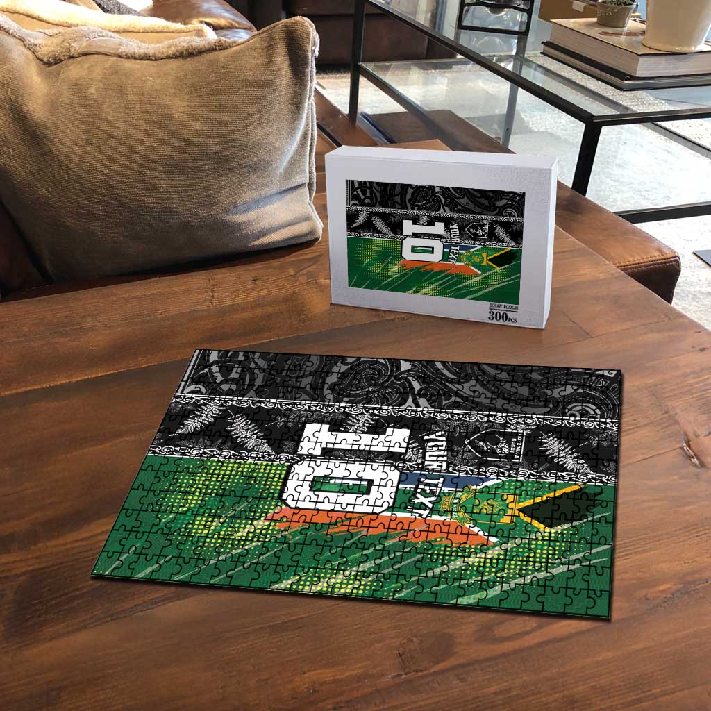 Custom Aotearoa South Africa Rugby Freedom Cup Puzzle Maori Silver Fern Art and Sporty Flag SA - Polynesian Pride