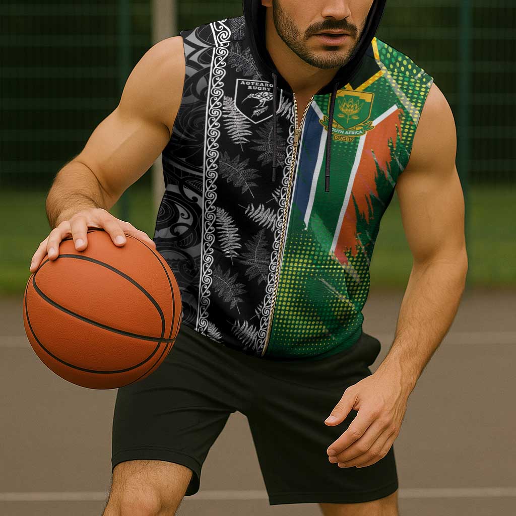 Custom Aotearoa South Africa Rugby Freedom Cup Sleeveless Zip Hoodie Maori Silver Fern Art and Sporty Flag SA - Polynesian Pride