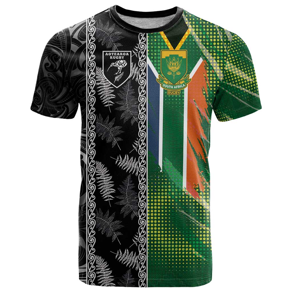 Custom Aotearoa South Africa Rugby Freedom Cup T Shirt Maori Silver Fern Art and Sporty Flag SA - Polynesian Pride