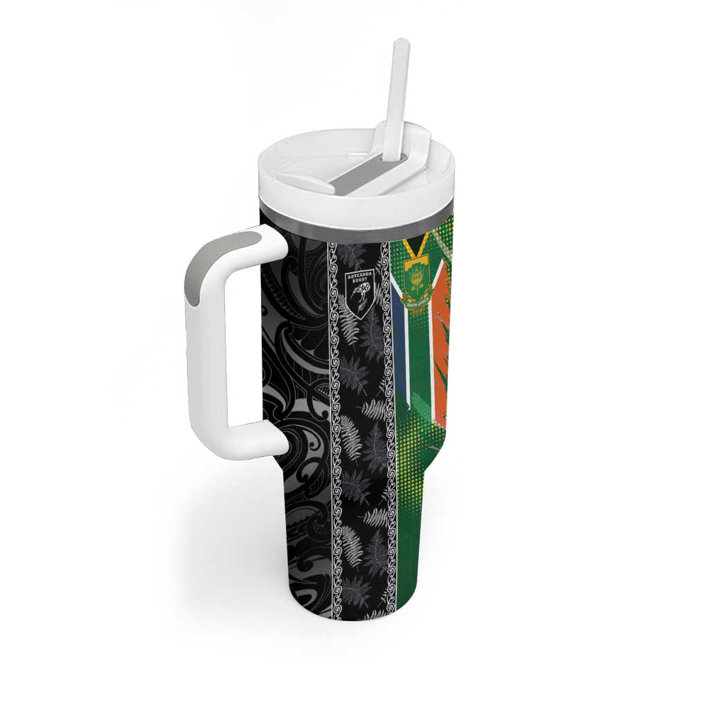 Custom Aotearoa South Africa Rugby Freedom Cup Tumbler With Handle Maori Silver Fern Art and Sporty Flag SA - Polynesian Pride
