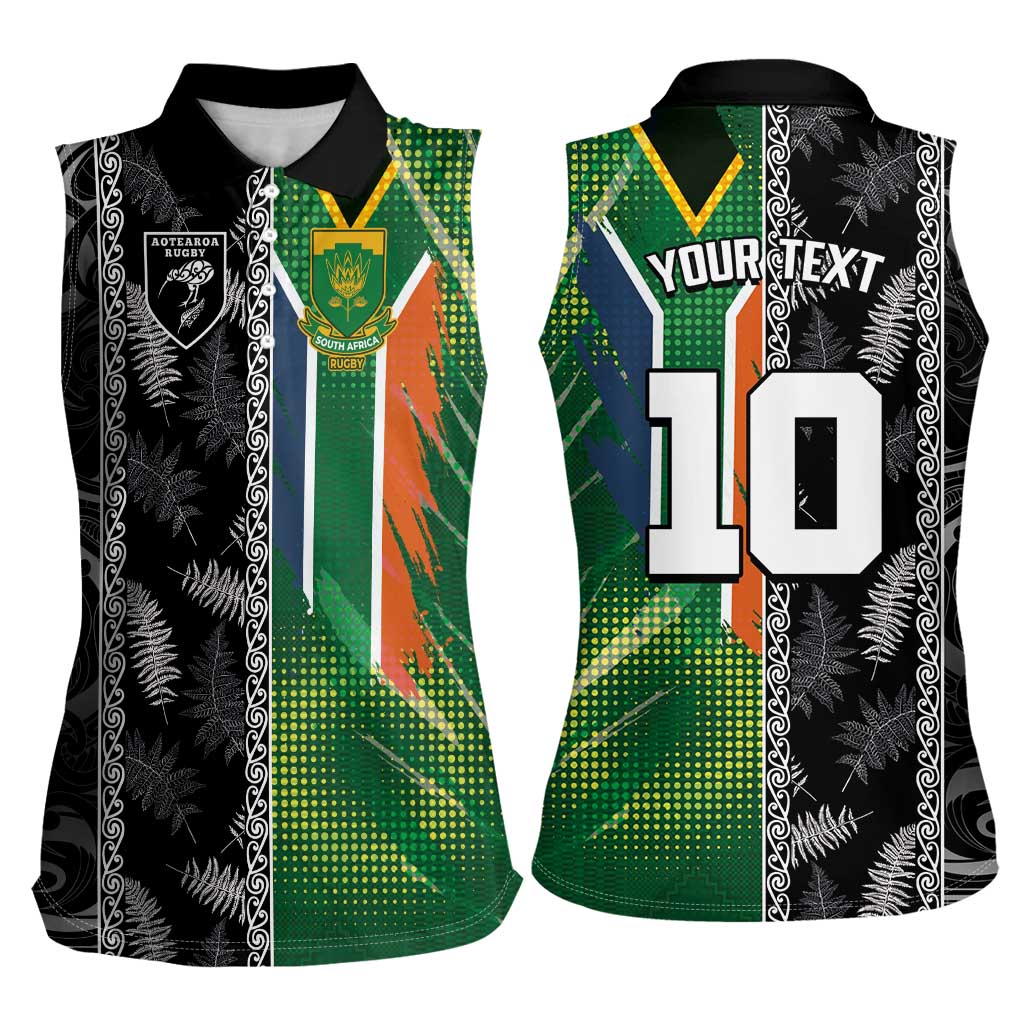 Custom Aotearoa South Africa Rugby Freedom Cup Women Sleeveless Polo Shirt Maori Silver Fern Art and Sporty Flag SA - Polynesian Pride