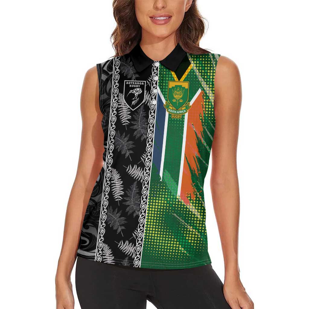 Custom Aotearoa South Africa Rugby Freedom Cup Women Sleeveless Polo Shirt Maori Silver Fern Art and Sporty Flag SA - Polynesian Pride