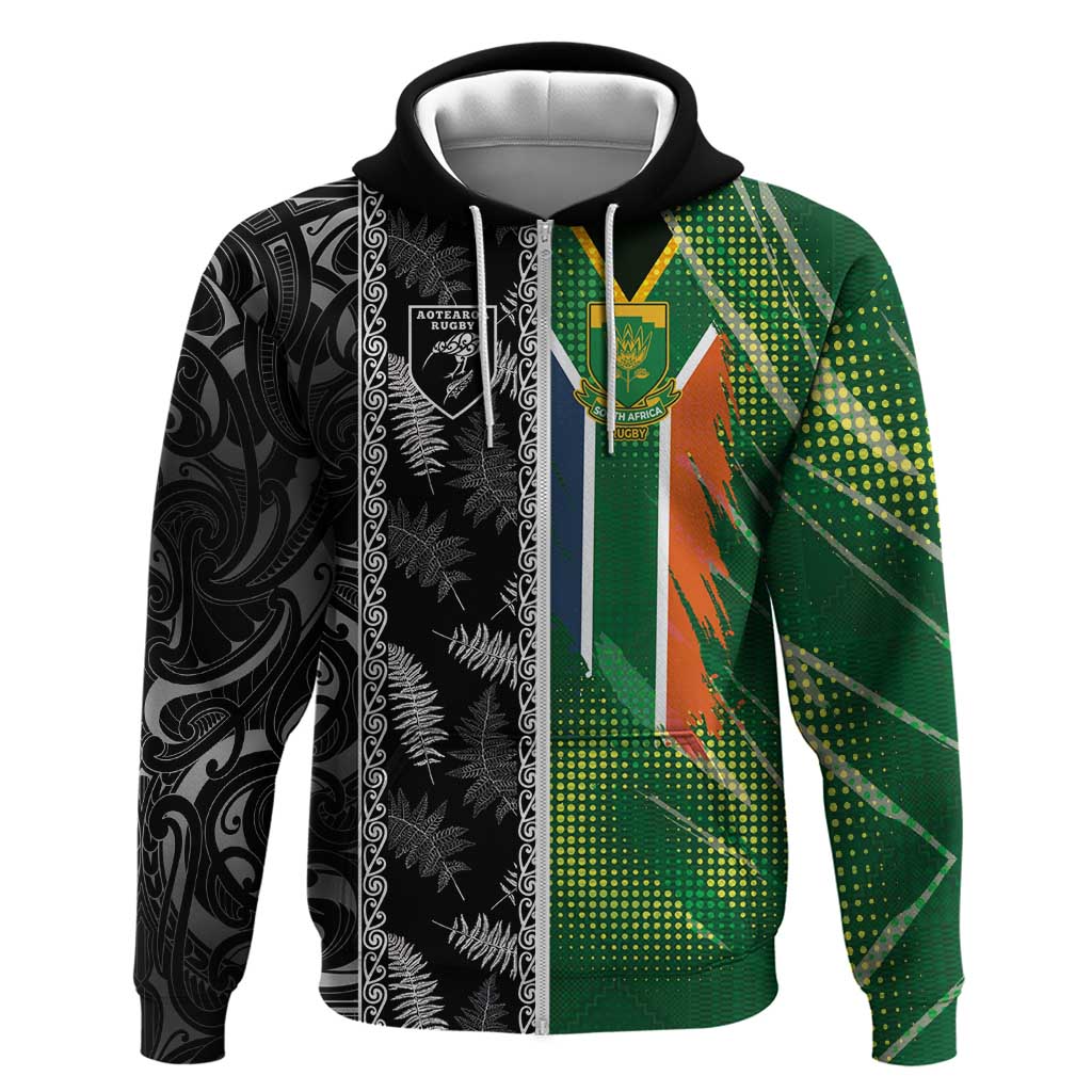 Custom Aotearoa South Africa Rugby Freedom Cup Zip Hoodie Maori Silver Fern Art and Sporty Flag SA - Polynesian Pride