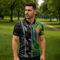 Custom Aotearoa South Africa Rugby Freedom Cup Zipper Polo Shirt Maori Silver Fern Art and Sporty Flag SA - Polynesian Pride