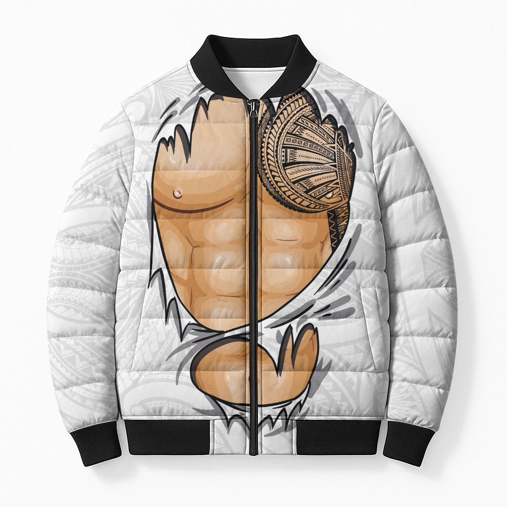 Samoan Tatau Bomber Puffer Jacket Tattoo Reveal Effect LT03 Unisex White - Polynesian Pride