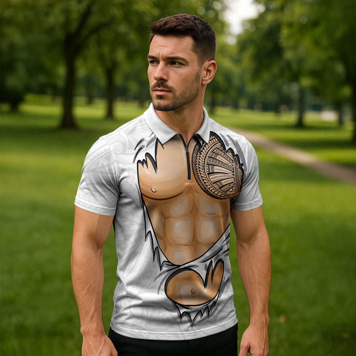 Samoan Tatau Zipper Polo Shirt Tattoo Reveal Effect