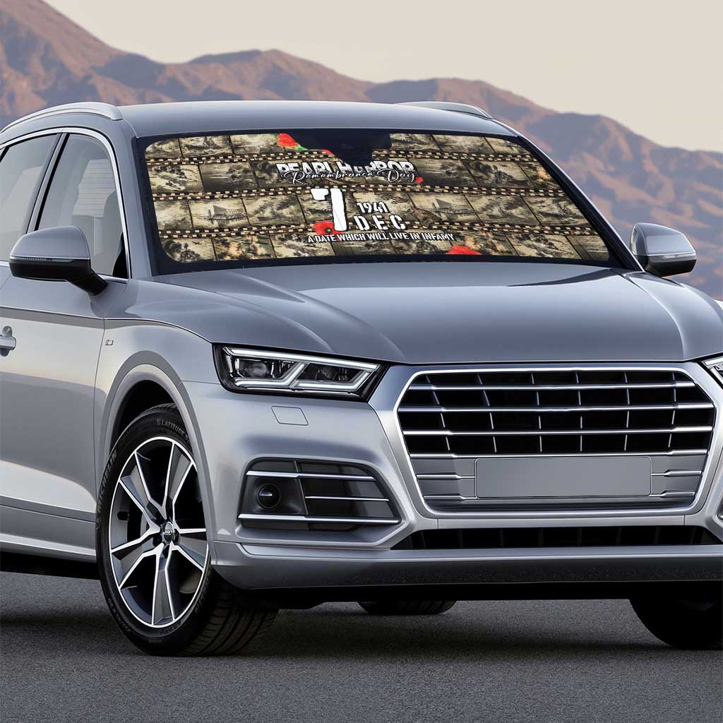 Pearl Harbor Remembrance Day Auto Sun Shade Memories of December 7 with Red Poppy Lei - Polynesian Pride