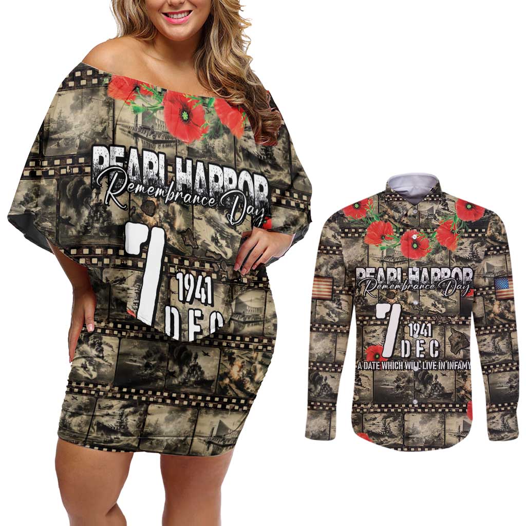 Pearl Harbor Remembrance Day Personalized Couples Matching Off Shoulder Short Dress and Long Sleeve Button Shirt Memories of December 7 with Red Poppy Lei LT03 Beige - Polynesian Pride