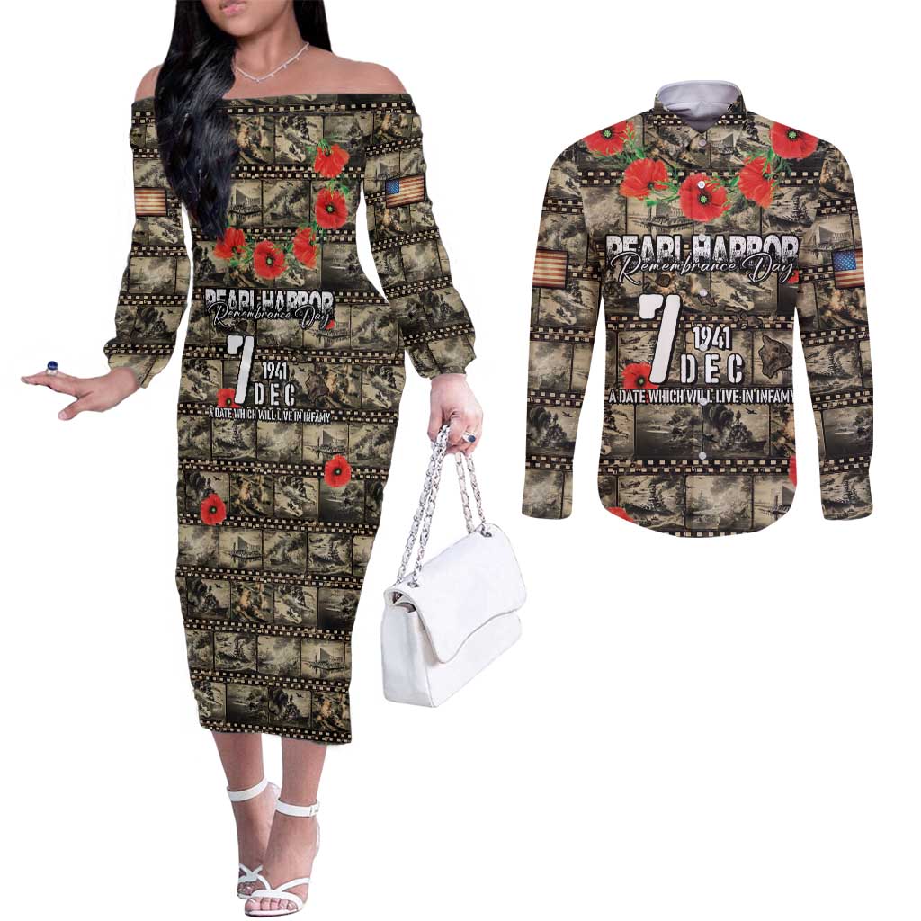 Pearl Harbor Remembrance Day Personalized Couples Matching Off The Shoulder Long Sleeve Dress and Long Sleeve Button Shirt Memories of December 7 with Red Poppy Lei LT03 Beige - Polynesian Pride