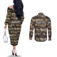 Pearl Harbor Remembrance Day Personalized Couples Matching Off The Shoulder Long Sleeve Dress and Long Sleeve Button Shirt Memories of December 7 with Red Poppy Lei - Polynesian Pride