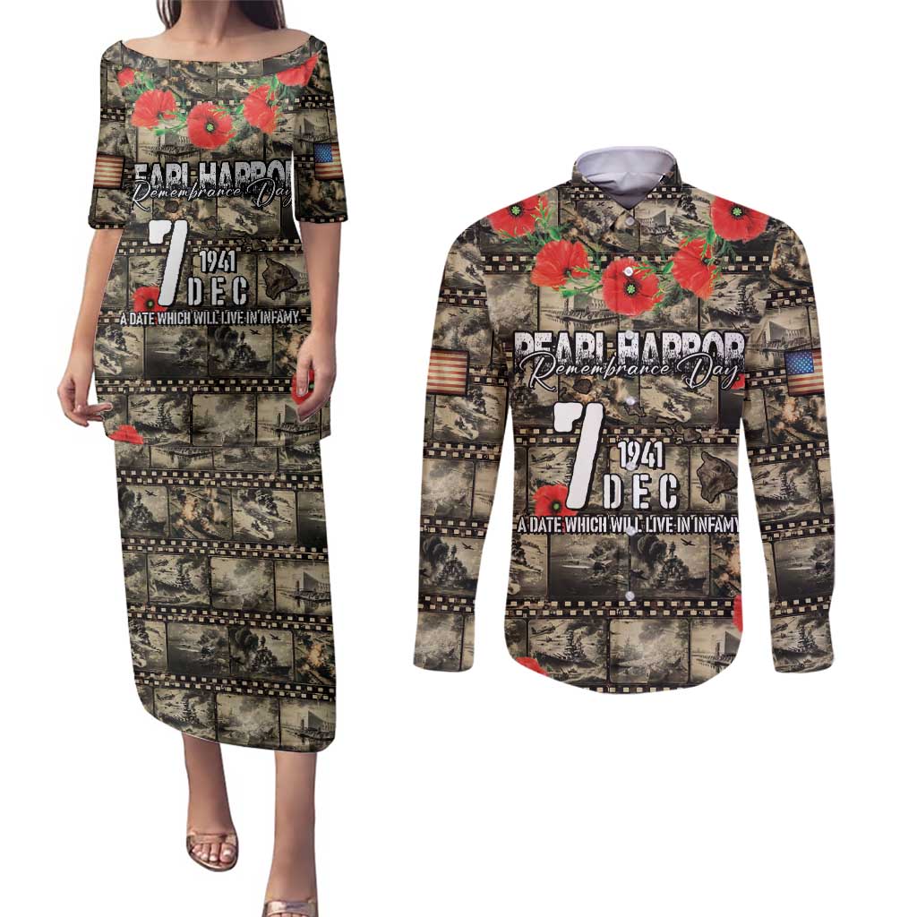 Pearl Harbor Remembrance Day Personalized Couples Matching Puletasi and Long Sleeve Button Shirt Memories of December 7 with Red Poppy Lei LT03 Beige - Polynesian Pride