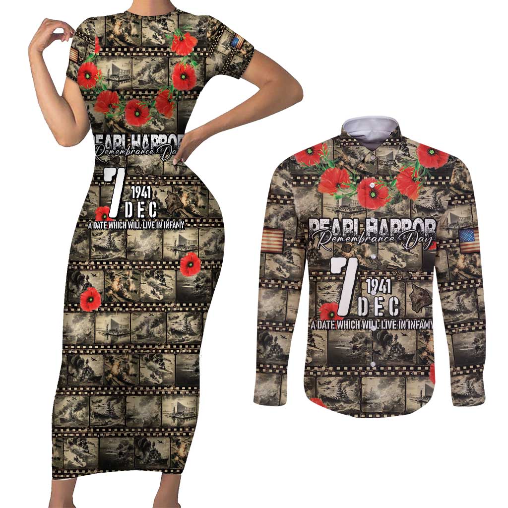 Pearl Harbor Remembrance Day Personalized Couples Matching Short Sleeve Bodycon Dress and Long Sleeve Button Shirt Memories of December 7 with Red Poppy Lei LT03 Beige - Polynesian Pride