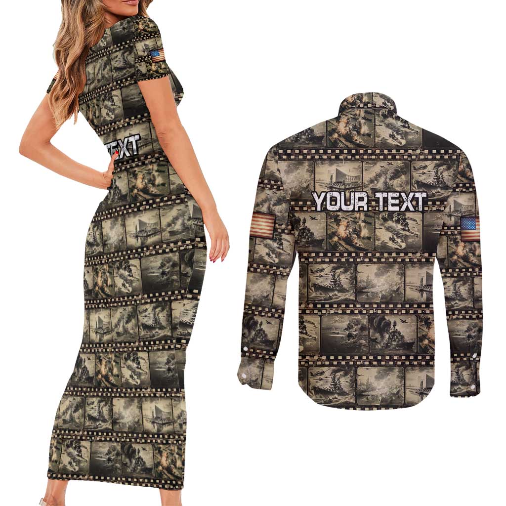 Pearl Harbor Remembrance Day Personalized Couples Matching Short Sleeve Bodycon Dress and Long Sleeve Button Shirt Memories of December 7 with Red Poppy Lei - Polynesian Pride