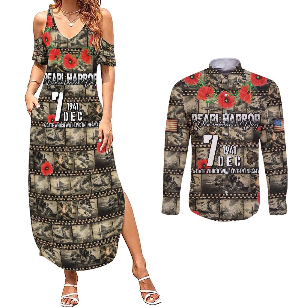 Pearl Harbor Remembrance Day Personalized Couples Matching Summer Maxi Dress and Long Sleeve Button Shirt Memories of December 7 with Red Poppy Lei LT03 Beige - Polynesian Pride