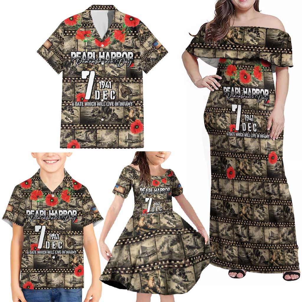 Pearl Harbor Remembrance Day Personalized Family Matching Off Shoulder Maxi Dress and Hawaiian Shirt Memories of December 7 with Red Poppy Lei - Polynesian Pride