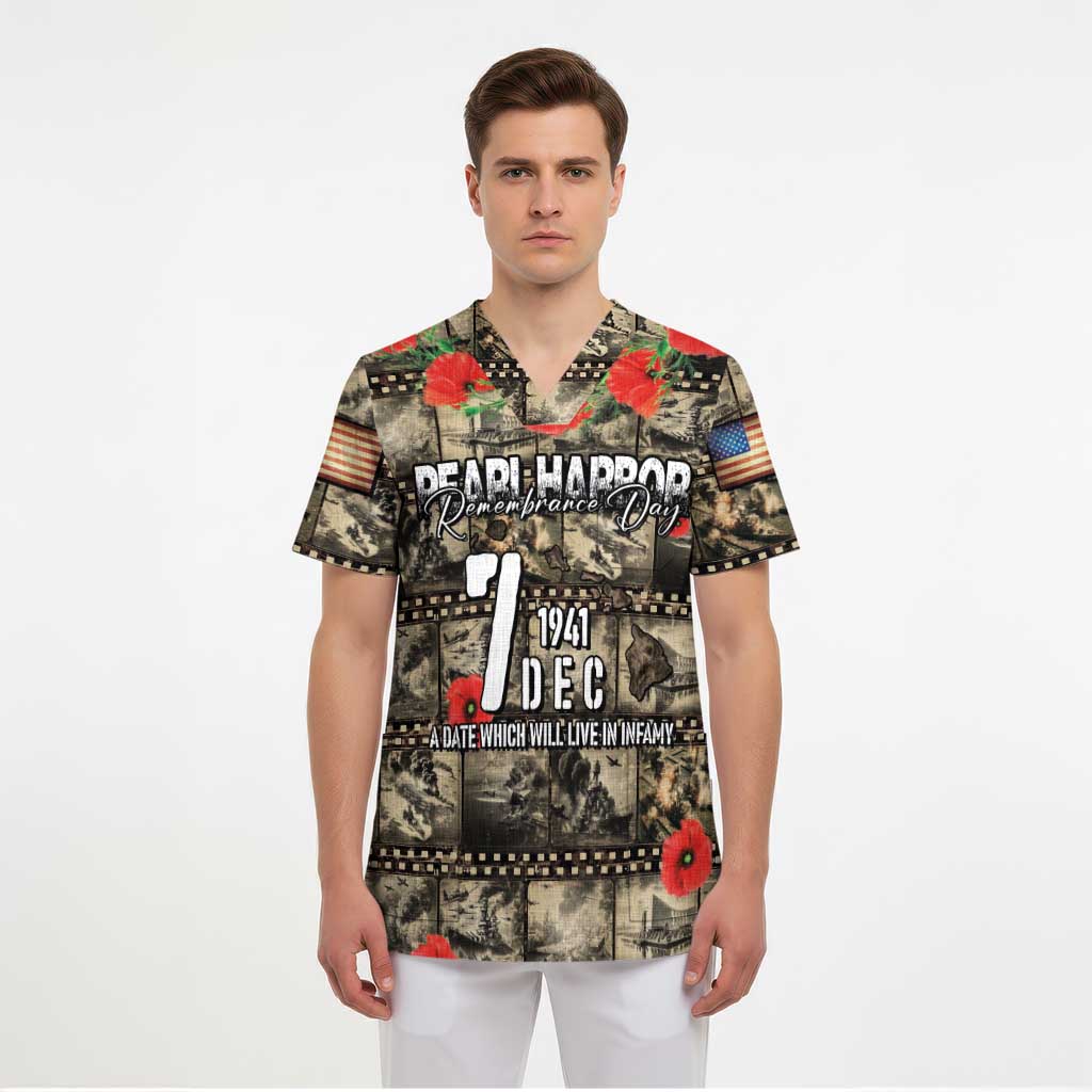 Pearl Harbor Remembrance Day Personalized Scrub Top Memories of December 7 with Red Poppy Lei - Polynesian Pride