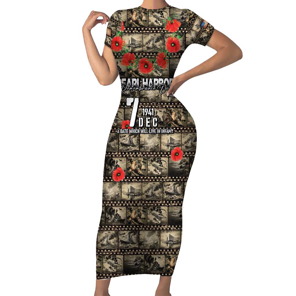 Pearl Harbor Remembrance Day Personalized Short Sleeve Bodycon Dress Memories of December 7 with Red Poppy Lei - Polynesian Pride