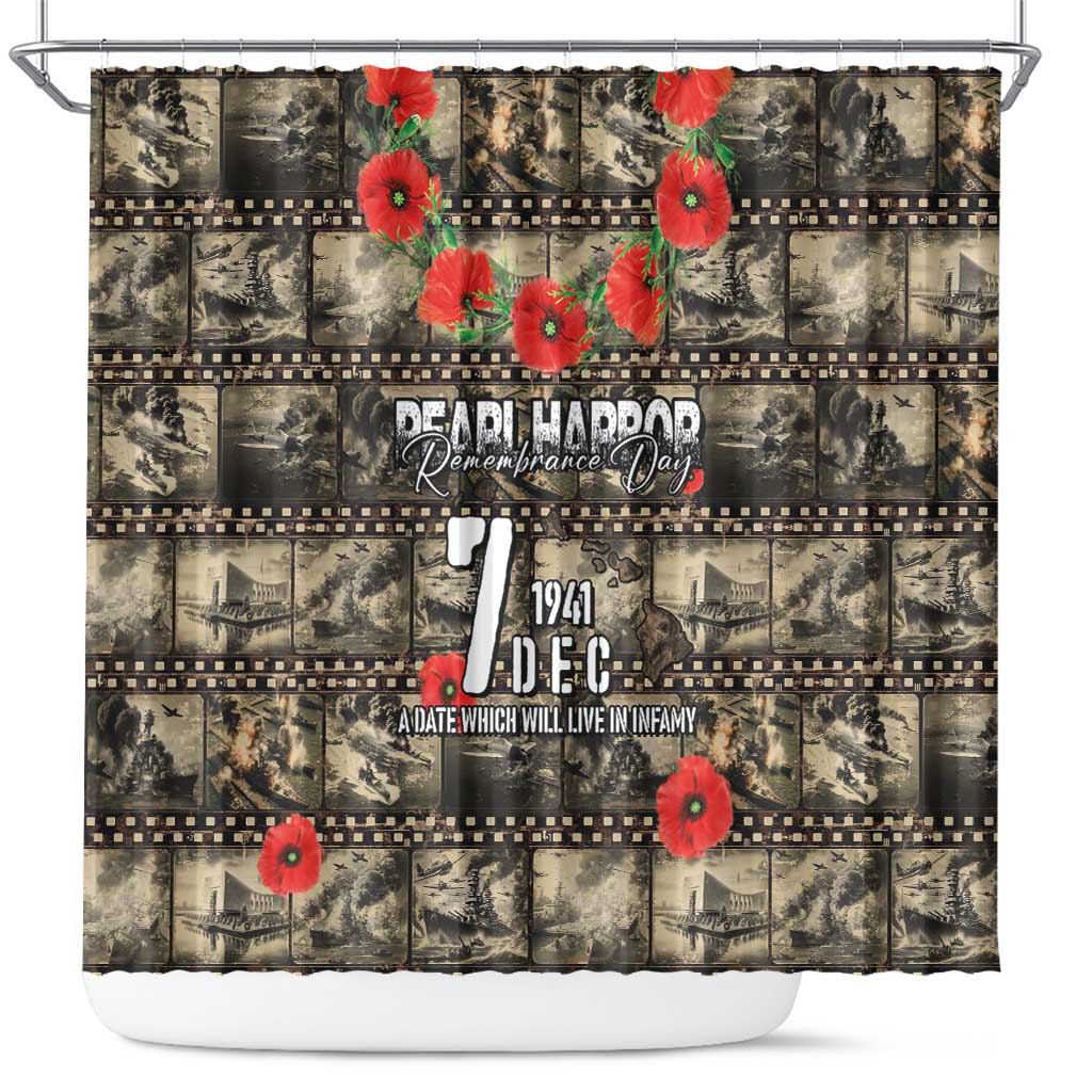 Pearl Harbor Remembrance Day Shower Curtain Memories of December 7 with Red Poppy Lei - Polynesian Pride