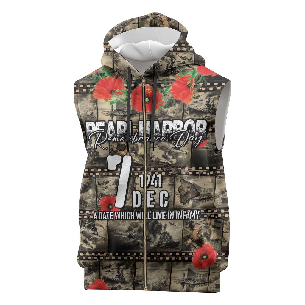 Pearl Harbor Remembrance Day Personalized Sleeveless Zip Hoodie Memories of December 7 with Red Poppy Lei - Polynesian Pride